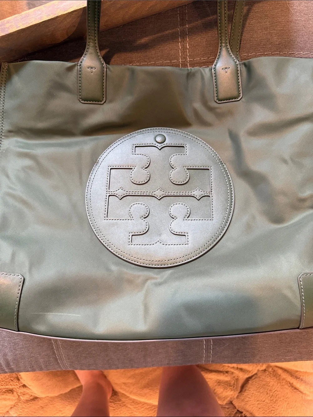 Tory Burch Olive Green Logo Tote